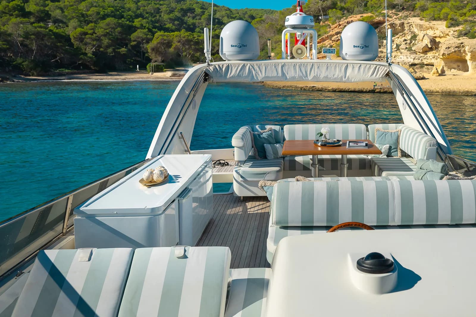 Sun deck and loungers aboard the ESSOESS charter yacht in Mallorca